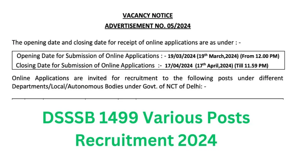 DSSSB 1499 Various Posts Recruitment 2024